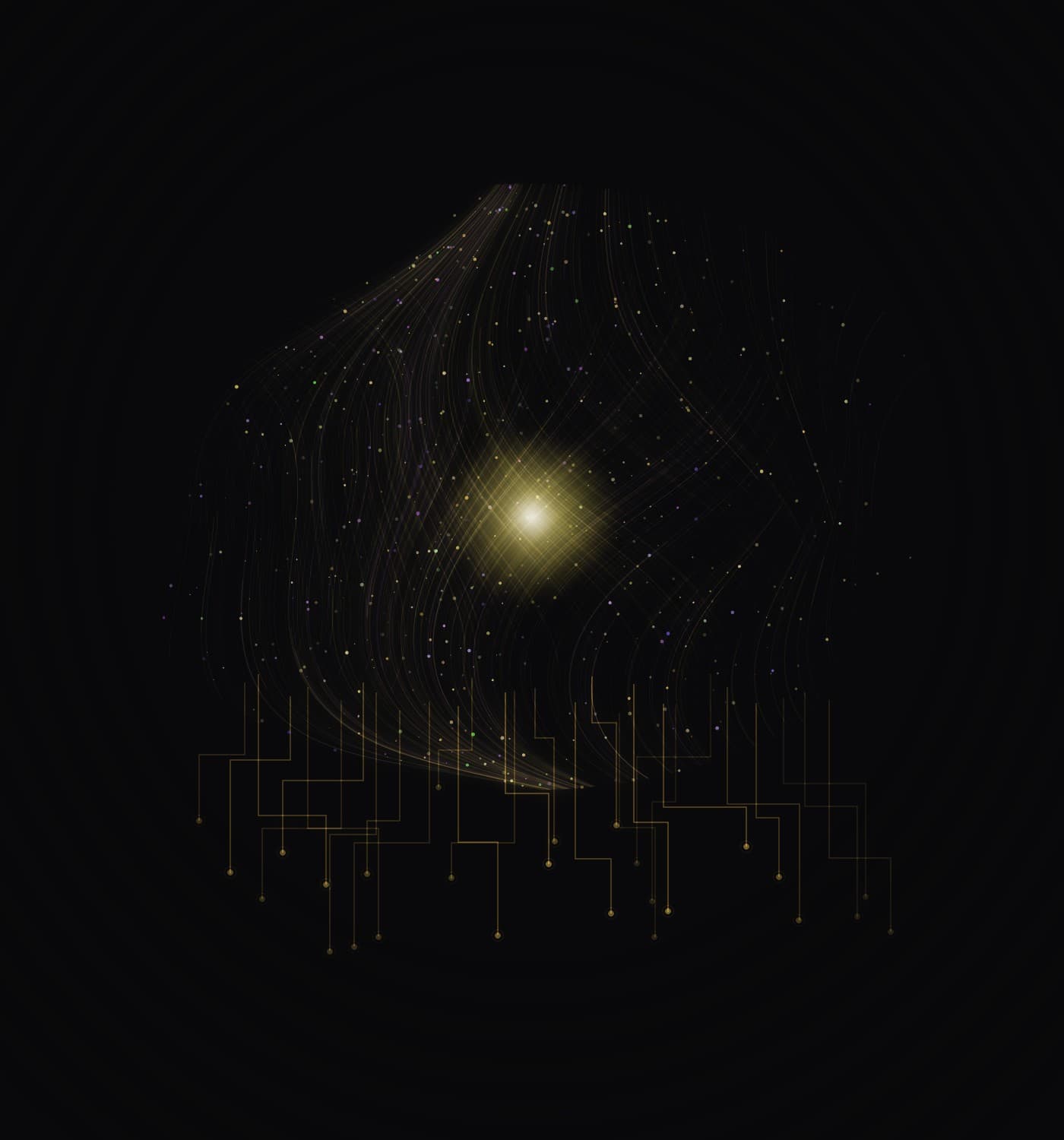 Abstract artwork of glowing neural strands converging into circuitry